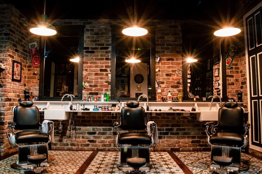 A barbershop with vintage-style chairs