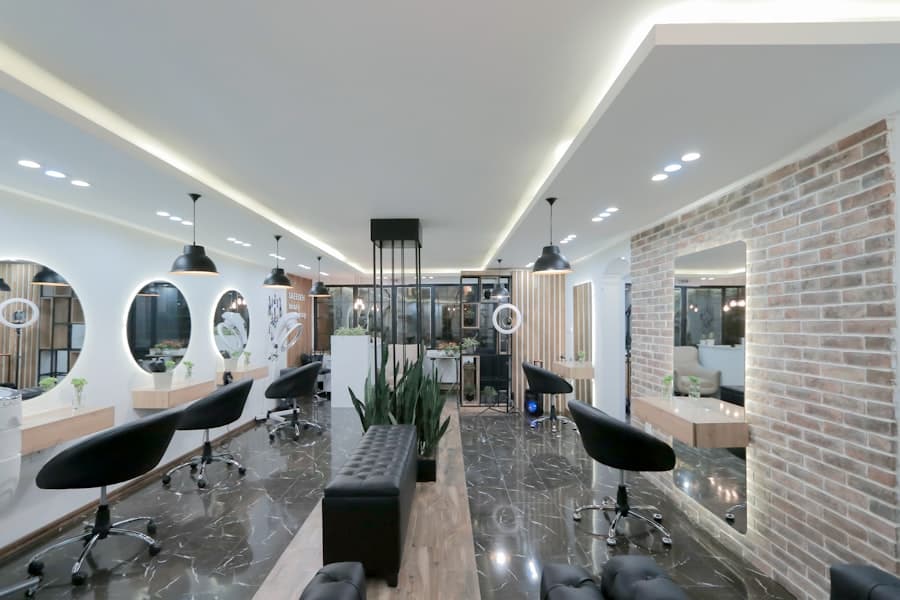 A modern salon interior with styling stations